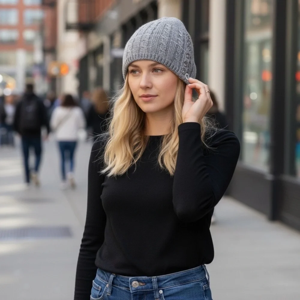 Chaps lamb wool blend knitted light gray beanie with buttons detail Women’s M